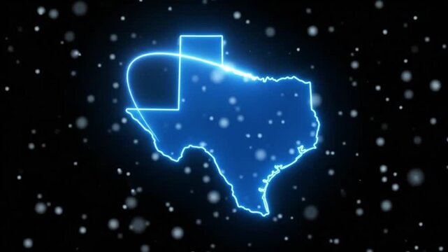 Glowing neon blue outline map of texas on dark background