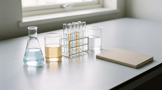 Laboratory glassware including erlenmeyer flasks, test tubes, and beaker containing liquid solutions on a workbench by a window. Chemical setup.