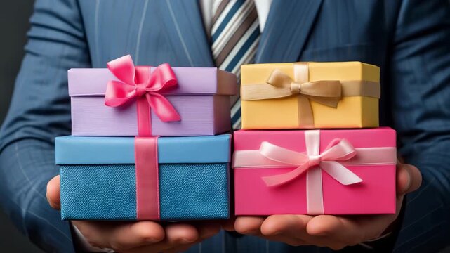 A person holds four wrapped gift boxes in various colors and sizes