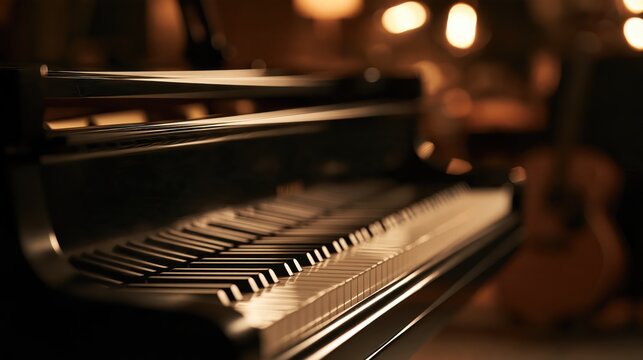 Grand piano keys with bokeh lights in a warm dimly lit studio during a performance