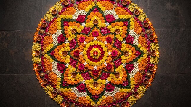 Floral Rangoli with Diyas for Deepavali Celebration