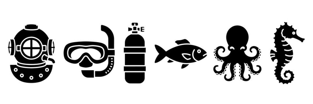 Black maritime scuba icons set showing ocean life and diving equipment