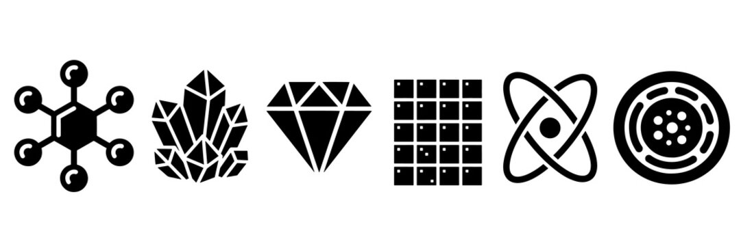 Science icons set with molecule structure, crystal, and atomic symbol