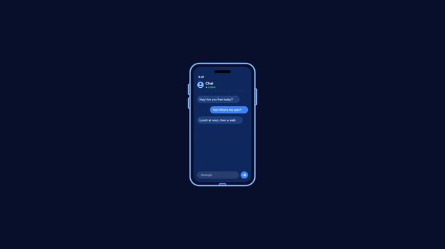 Smartphone chat animation showing incoming and outgoing messages, typing indicators, online status, and heart reaction for mobile messaging, instant communication, and social networking.