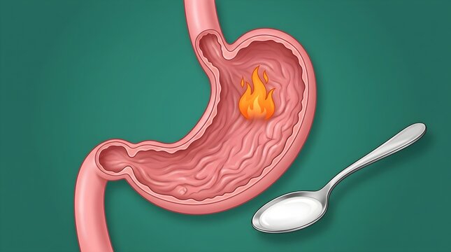Stomach anatomy illustration showing heartburn and acid reflux with a spoon of antacid medicine