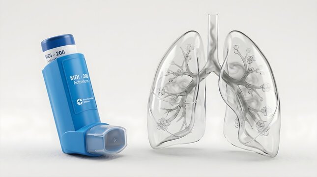 Blue asthma inhaler device next to a transparent anatomical lung model