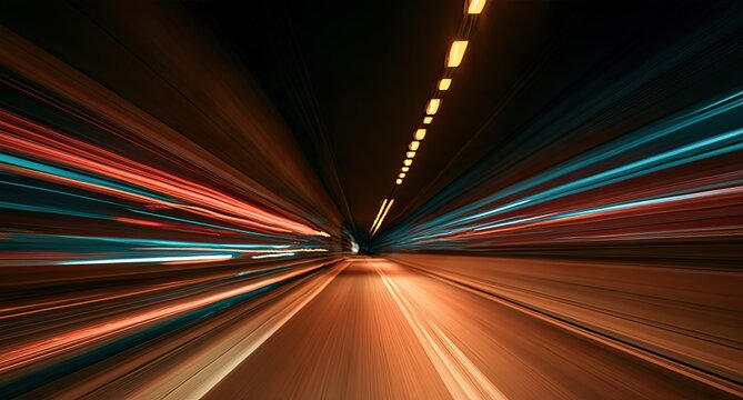 Streaking lights blur through a dark tunnel, conveying rapid motion and speed