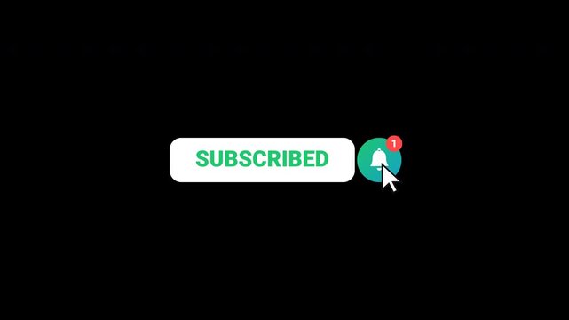 Animated subscribe button transitions from subscribe to subscribed with bell notification icon and cursor click animation