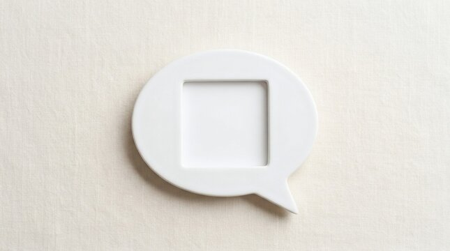 Minimalist white speech bubble mockup, blank square frame concept for customer review and feedback, message icon copy space