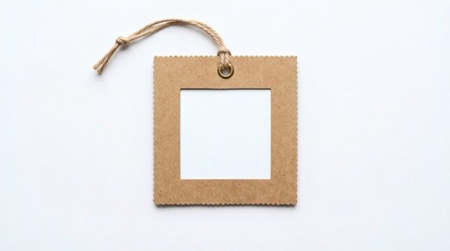 Craft Paper Gift Tag Mockup, Square Kraft Cardboard Price Label with String, Blank Retail Hanging Tag Template