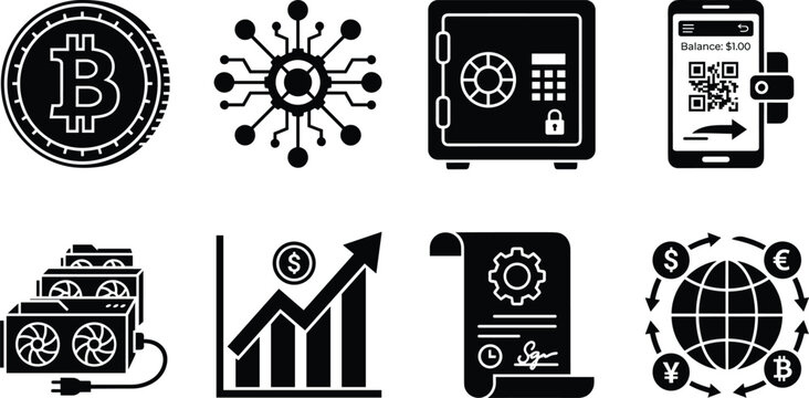 Black vector icon set of cryptocurrency, blockchain technology, crypto mining, and digital finance concepts