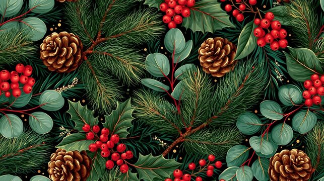 Evergreen pine branches with holly berries and pinecones in a festive winter pattern during holiday season