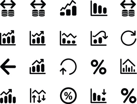 financial graphs, growth charts, percentage, and money transaction icon set