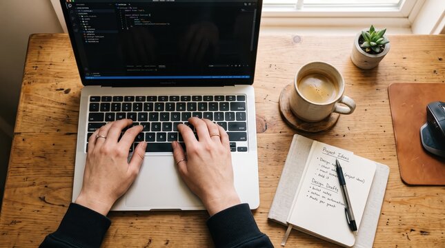 Software developer coding on laptop computer screen displaying source code, programmer working at wooden desk with coffee cup and notebook