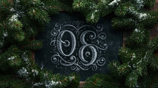 Ornate chalk numeral 06 with decorative swirls on a dark chalkboard background framed by frosted evergreen branches for a festive winter holiday concept