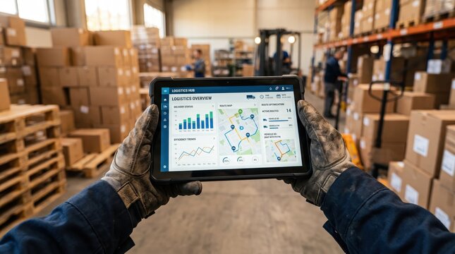 Warehouse worker hands wearing dirty protective gloves holding a tablet displaying logistics overview dashboard with charts