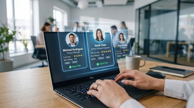 Holographic recruitment profile selection on laptop screen, ai driven hr software, candidate evaluation interface, virtual resume scanning
