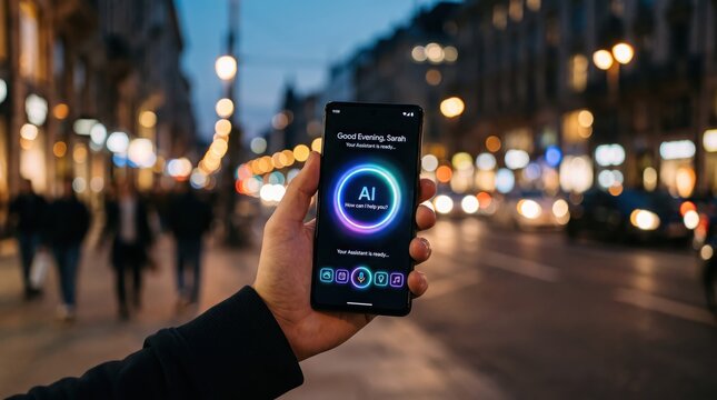 Person using ai assistant on smartphone in city street at night, artificial intelligence voice recognition, personal digital helper application