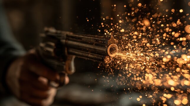 Hand holding a gun firing, muzzle flash and sparks bursting from the barrel