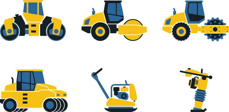 Yellow construction machinery vector set, heavy road roller and soil compactor icons, industrial asphalt paving equipment for civil engineering projects