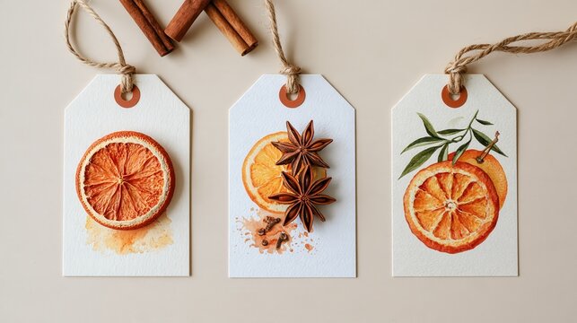 Dried orange slices and star anise on white gift tags with cinnamon sticks and twine during a warm studio light
