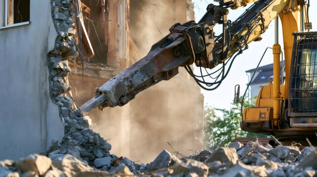Excavator hydraulic hammer demolishing building with dust and debris