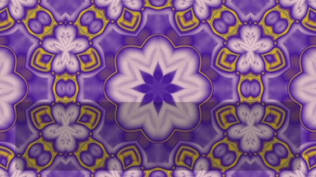 Abstract purple kaleidoscope floral pattern background with symmetrical geometric shapes and soft glow.
