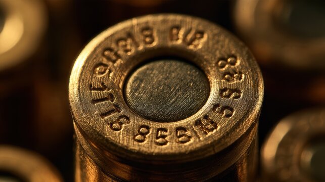 Close up view of a spent brass ammunition cartridge primer
