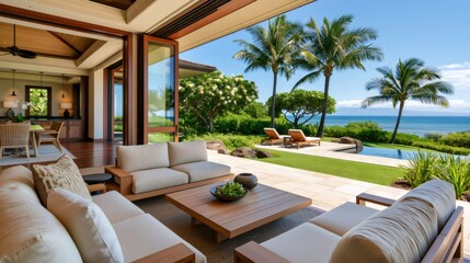 Fototapeta premium Luxury resort villa patio with ocean view and pool
