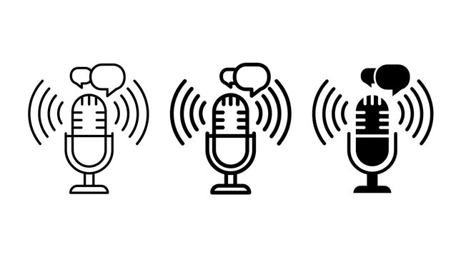 Retro microphone broadcasting audio waves with speech bubbles for podcasting and communication