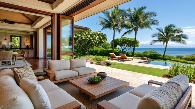 Luxury resort villa patio with ocean view and pool