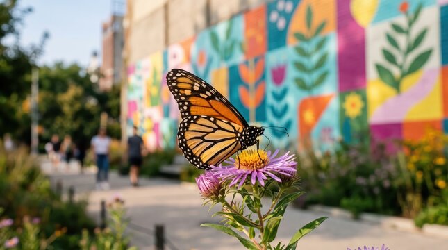 Monarch butterfly feeding on purple flower in urban pollinator garden. Colorful botanical mural and pedestrian walkway. Butterfly conservation and urban biodiversity.