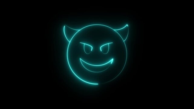 glowing neon devil icon animation . glowing neon demon emoticon. devil with grin face ,mockery emoticon ,cute demon animation 4k video