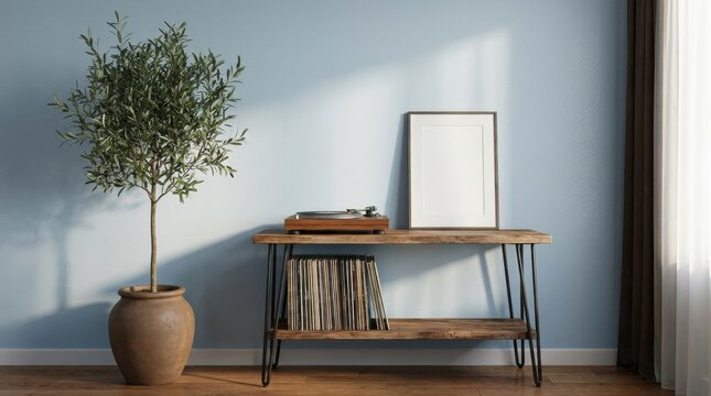 A wooden console table with a record player and empty picture frame against a blue wall in a room with blank frame next potted tree
