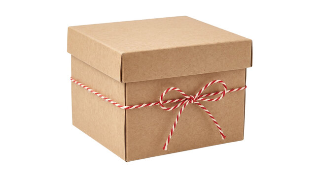Kraft Paper Gift Box with Red White String Bow, Recycled Cardboard Present Package, Minimalist Christmas Parcel isolated on White