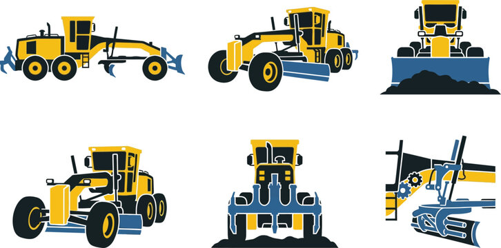 Motor grader vector set, heavy construction machinery icons in yellow and blue, industrial road building equipment collection for civil engineering projects