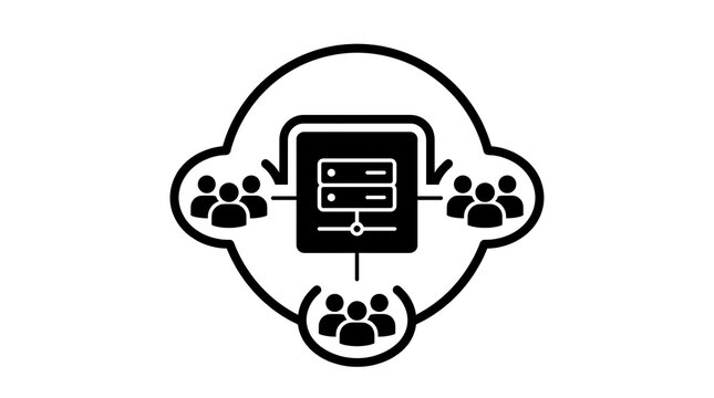 People connected to central server icon representing network data sharing and cloud computing