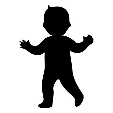 Toddler baby taking first steps in black silhouette icon for childhood progress.