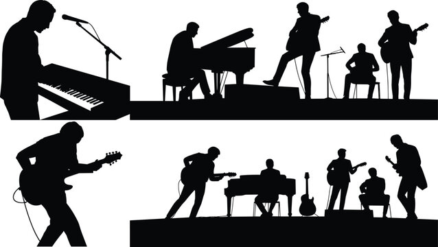 Black Musician Silhouette Collection Featuring Guitarists, Pianists, Singers and Live Band Performance Vector Illustrations