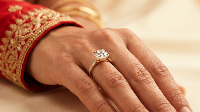 Closeup of a womans hand wearing a diamond engagement ring