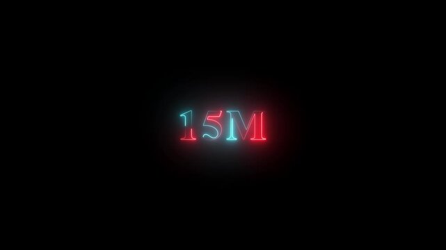 15M one million neon glowing text animation on black background, 1 Million achievement for social media 4K video on black background animation.