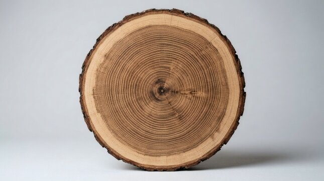 Rustic round wood slice with annual tree rings, natural timber cross section on neutral background, wooden log platter mock up for design projects