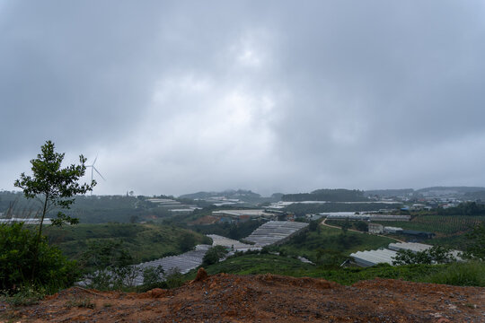 Greenhouses across rolling farmland beneath low clouds
