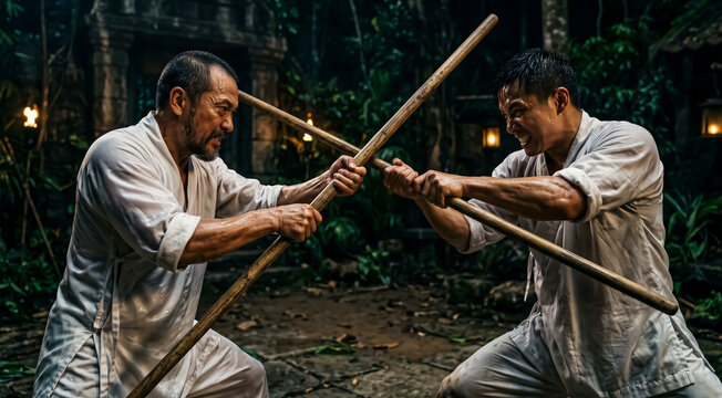 Two martial artists fighting with wooden staffs in a dark jungle setting, intense combat action, dramatic lighting. Martial arts training, action movie, combat sports, traditional weaponry.
