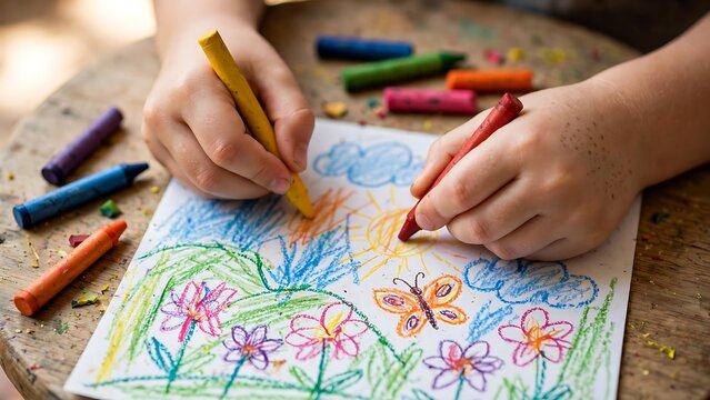 Child drawing colorful pictures with wax crayons on white paper at a wooden table.