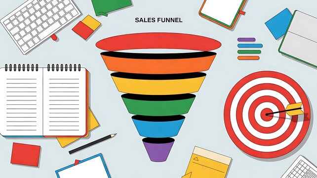 marketing funnel concept with customer journey stages and data analytics icons 