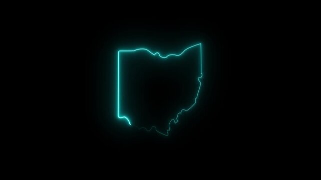 Ohio neon state outline animation with glowing cyan border representing American geography location identity travel business regional culture and United States state map concept on black background