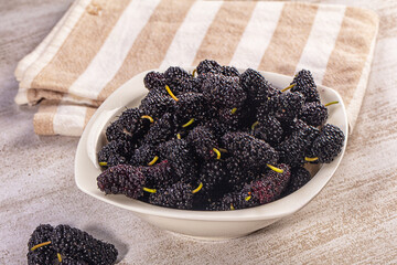 Fresh black mulberries in white bowl on striped cloth © Andrei Starostin