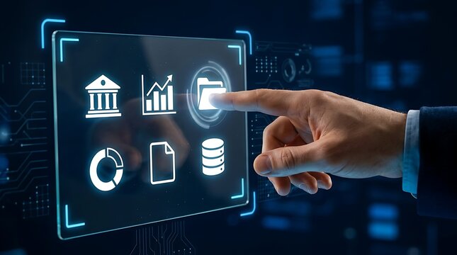Digital technology interface, businessman touching virtual screen with icons. Futuristic data management and corporate software concept