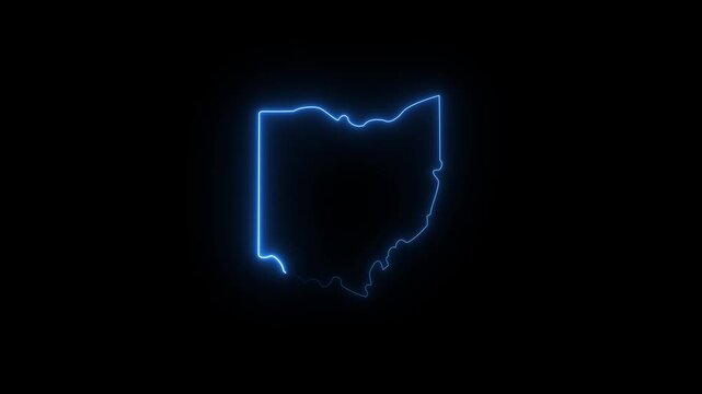 Ohio neon state outline animation with glowing blue border representing American geography location identity travel business regional culture and United States state map concept on black background